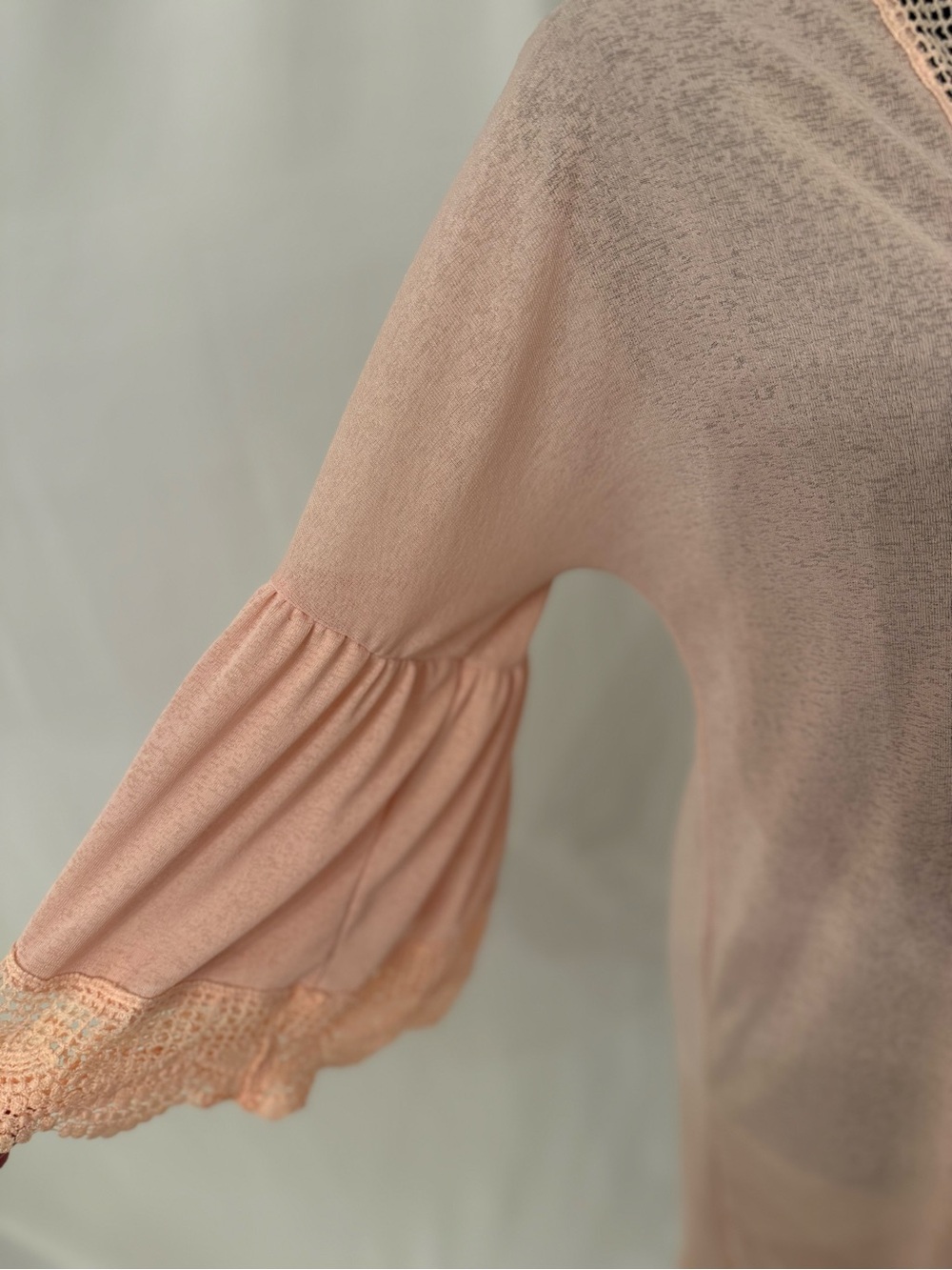 Spadehill Blush Pink Crochet Lace Trim Bell Sleeve Kimono Cardigan M - Picture 12 of 17